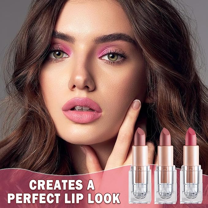 3PCS Matte Nude Lipstick Set Velvet Lip Gloss Non-Fading Non-Sticky Cup Nude Lipstick Matte Lip Stain Long Lasting Waterproof Lipstick for Women Girls Daily Lip Makeup - Set B