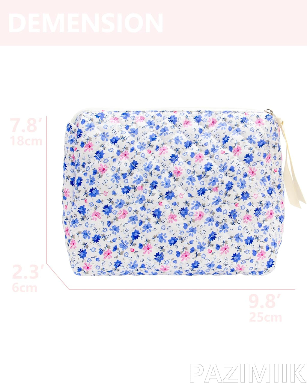 PAZIMIIK Quilted Makeup Bag Large Travel Zipper Soft Cosmetic Pouch for Women Girls Make Up,Floral Blue