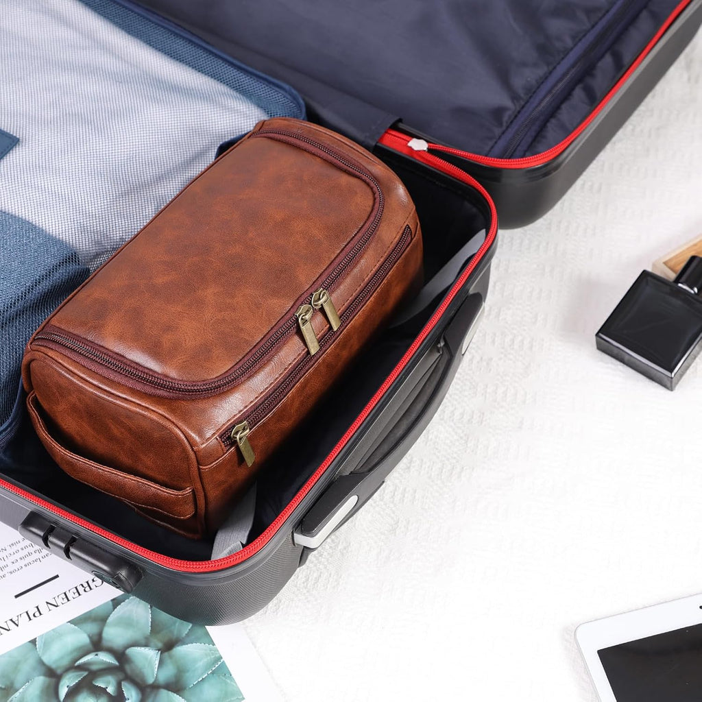 Toiletry Bag for Men, Hanging Travel Shaving Dopp Kit for Men and Women, Water-resistant Toiletries Organizer Bags, PU Leather Cosmetic Bags for Makeup Accessories (Dark Brown)