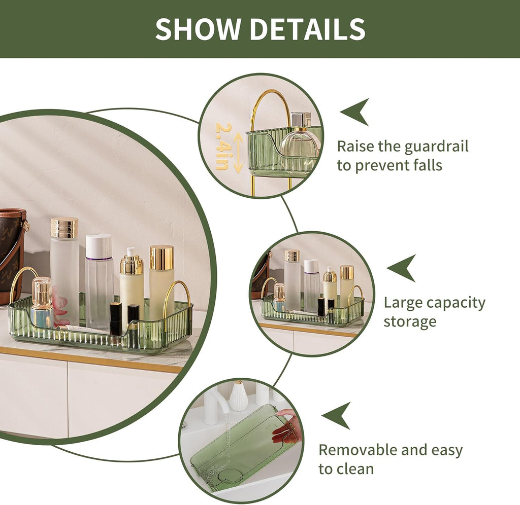 YCIA&DONE Bathroom Organizer Countertop, Makeup Storage, Skincare Cosmetic Tray Shelf, Perfume Holder Rack for Vanity Counter, Large Capacity, Easy to Install, Clean, 1 Tier, Vintage Green