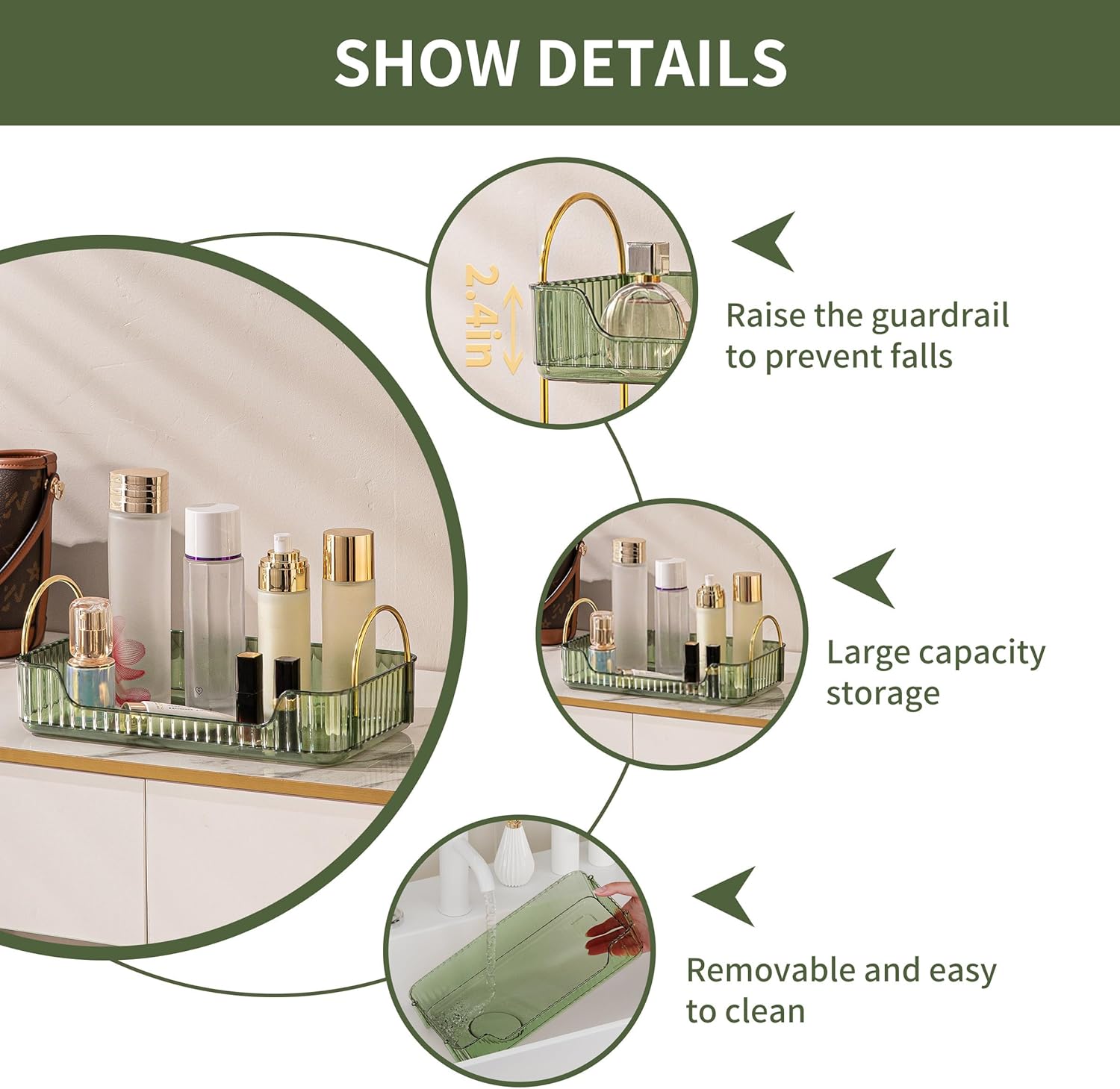 YCIA&DONE Bathroom Organizer Countertop, Makeup Storage, Skincare Cosmetic Tray Shelf, Perfume Holder Rack for Vanity Counter, Large Capacity, Easy to Install, Clean, 1 Tier, Vintage Green