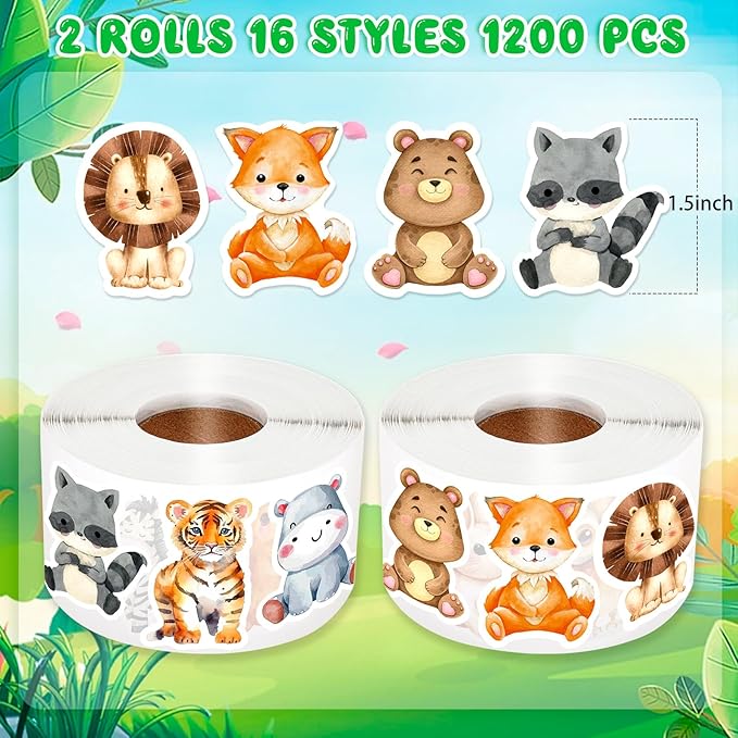 1200 Pcs Animal Stickers for Kids 2 Roll Nature Stickers Cute Roll Sticker Bulk for Teacher Reward School Supplies Incentives (16 Styles)