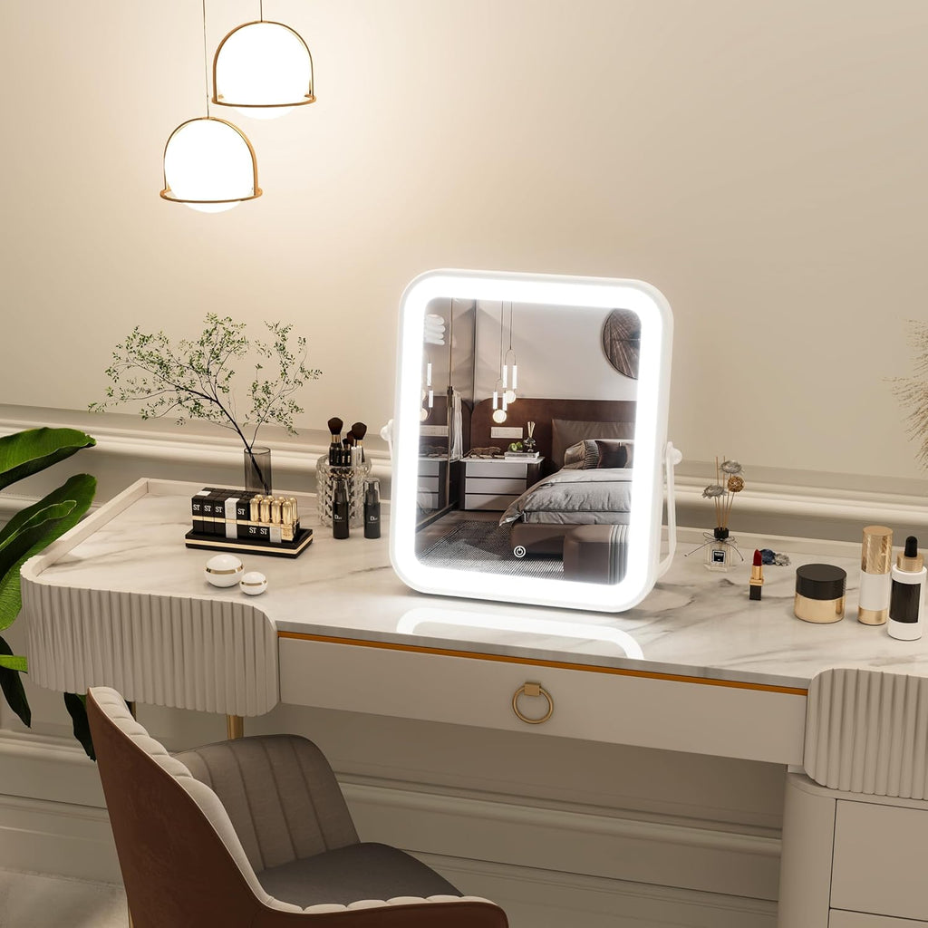 PRIMETEK LED Vanity Mirror with Gift Box, 10"x8" Lighted Hollywood Makeup Mirror, Portable Travel Makeup Mirror with Lights, 3-Color Lighting, 5X Magnification, for Vanity Desk, Bedroom, Gifts for Her