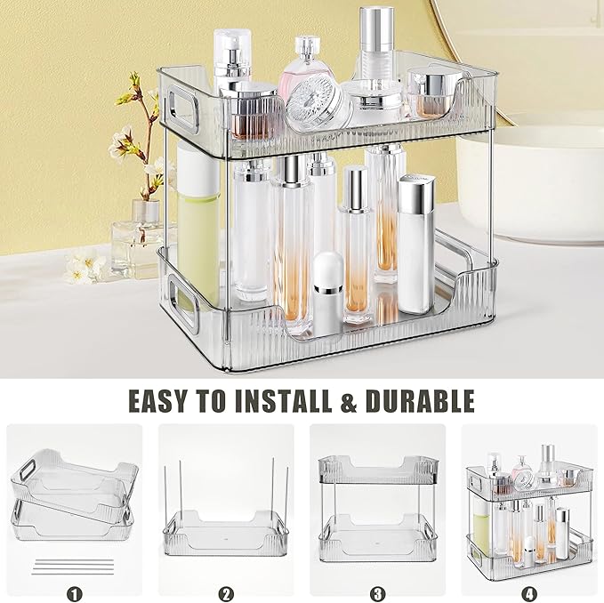 2-Tier Bathroom Counter Organizer Countertop Storage, Dresser Organizer Vanity Tray for Makeup, Perfume Organizer Cosmetics Skincare Shelf - Grey