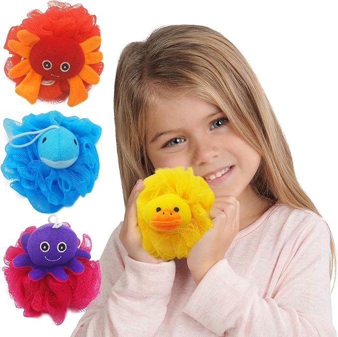 (4 Pack) Lovely Animal Design Kids Exfoliating Bath Scrubber Body Scrubber Shower Ball for Baby Toddler Kids Gentle Exfoliating Bath Sponge Loofah Pouf in Colorful Design