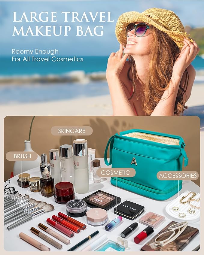 Freshman Gifts, Birthday Gift for Her, Makeup Bags, Waterproof Double Layer Cosmetic Bag, Large Capacity PU Leather Makeup Bags Letter Travel Toiletry Bag, Initial Gifts for Coworkers