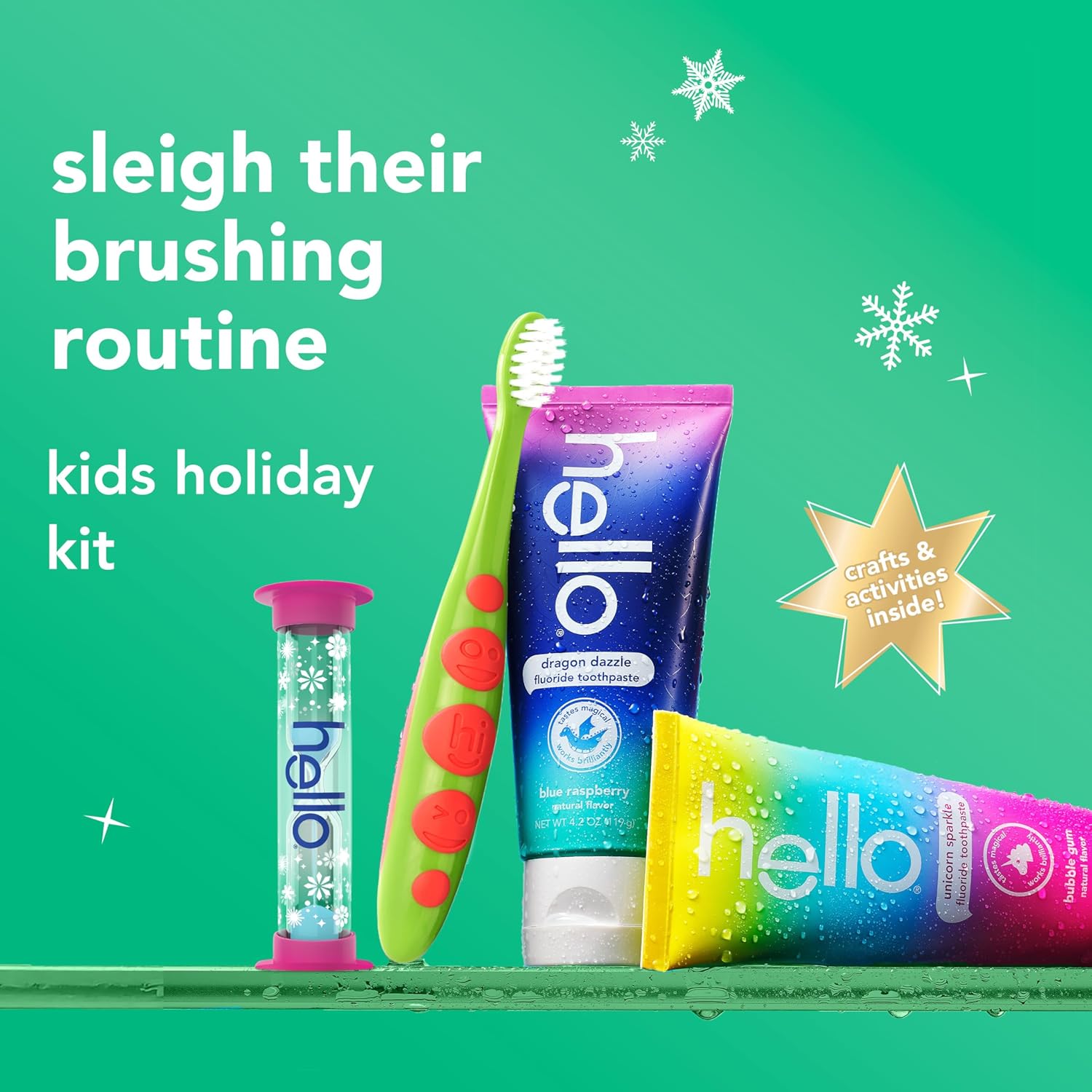 Hello Kids Toothbrush and Kids Toothpaste with Fluoride Holiday Gift Set, for Ages 3 and Older, Includes Bubblegum and Blue Raspberry Flavored Toothpastes, an Hourglass Timer, and Fun Holiday Crafts