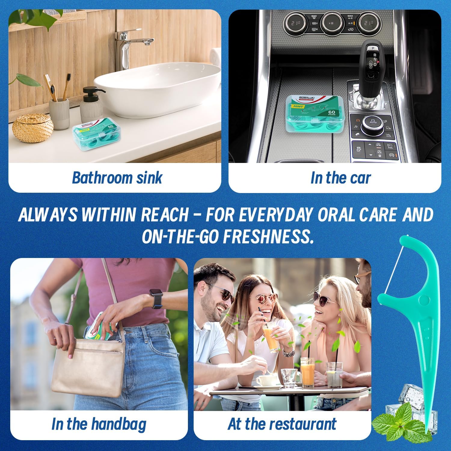 Floss Picks, 300 Count Mint Dental Floss Picks, Toothpicks with 5 Travel Cases for Extra Convenience, Helps Prevent Cavities, Remove Plaque & Freshen Breath, Premium Floss Sticks for Family