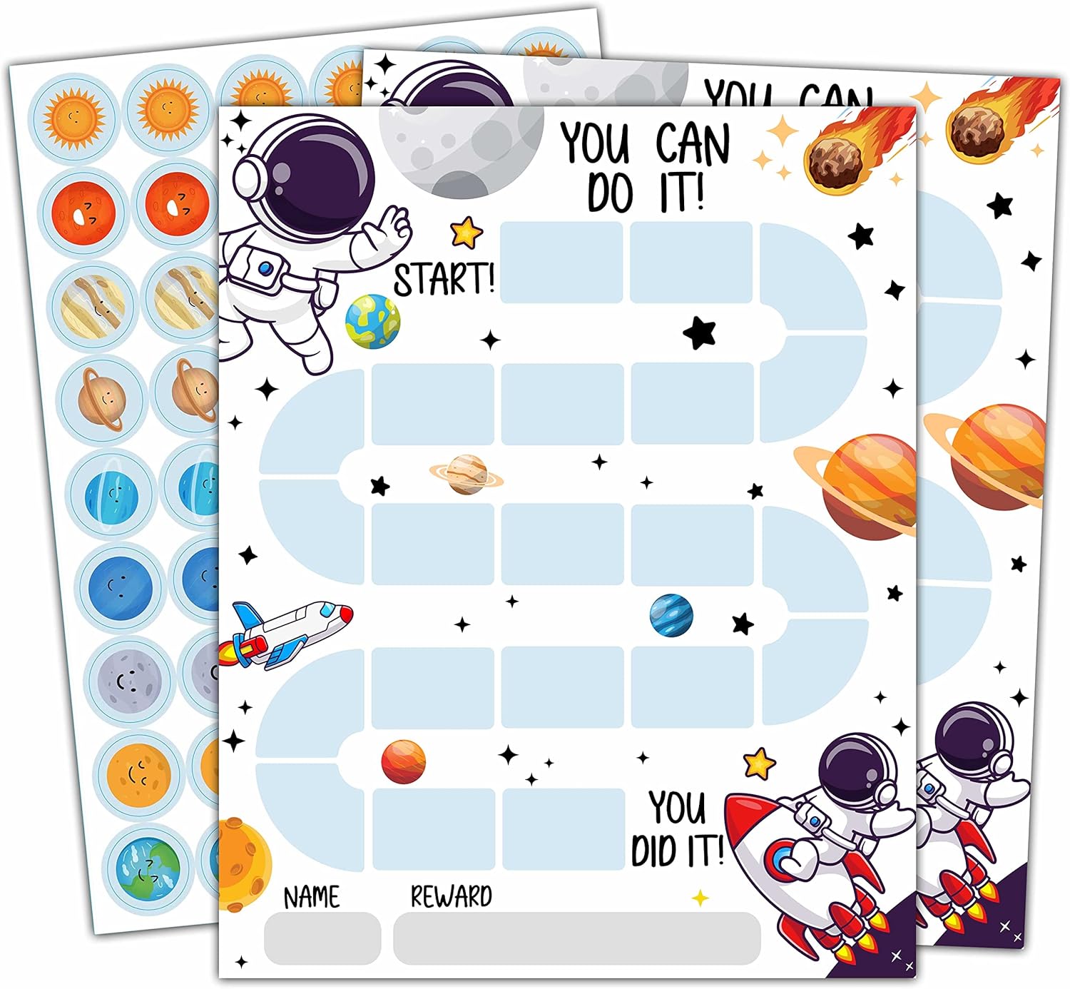 10 Outer Space Astronaut Reward Chart with 216 Round Stickers, Incentive Behavior Chart for Kids at Home Classroom, Kids Routine Daily Chore Sticker Chart-A18