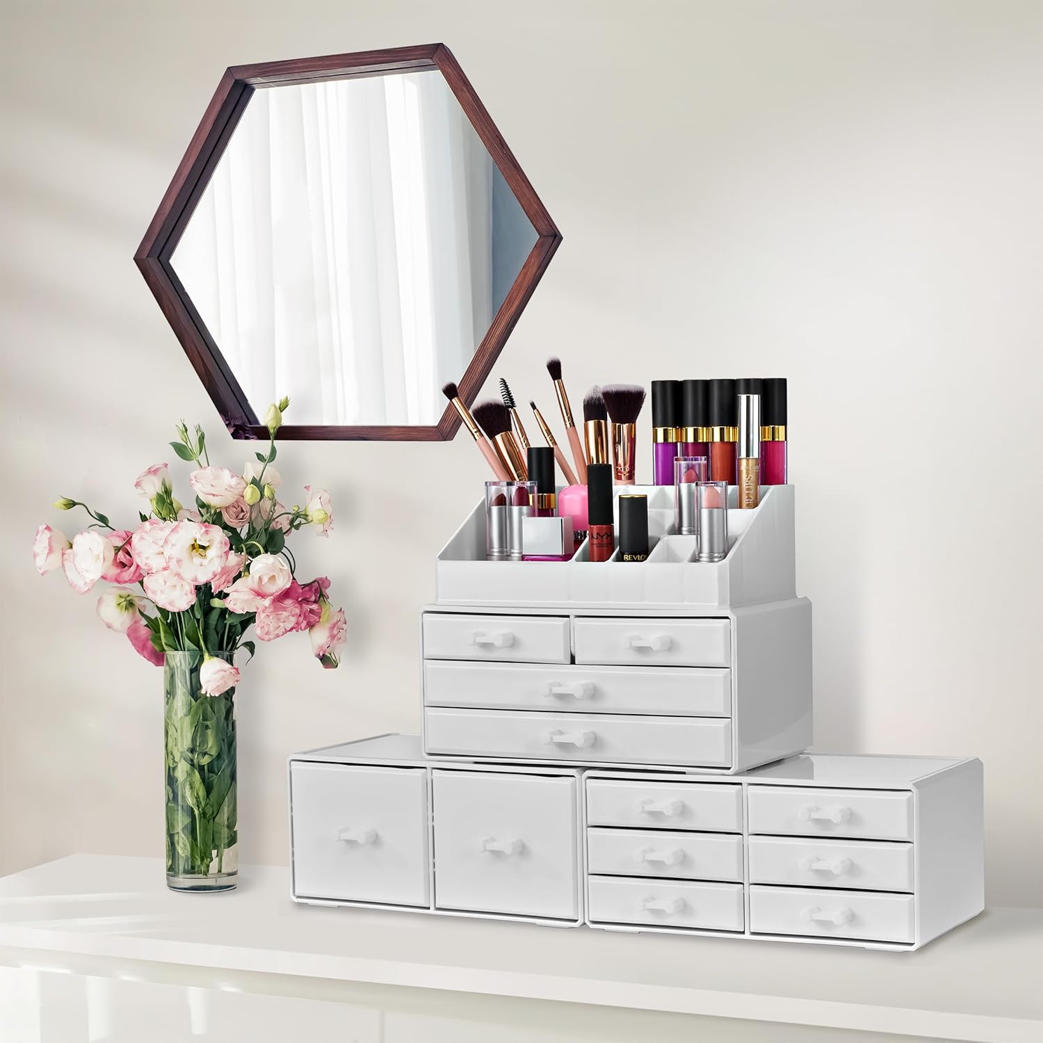 Sorbus Large Makeup Organizer - Stackable Jewelry & Makeup Organizer For Vanity, Bathroom Storage, Dresser - 12 Drawers Cosmetic Beauty Organizers and Storage with Lipstick, Makeup Brush Holder