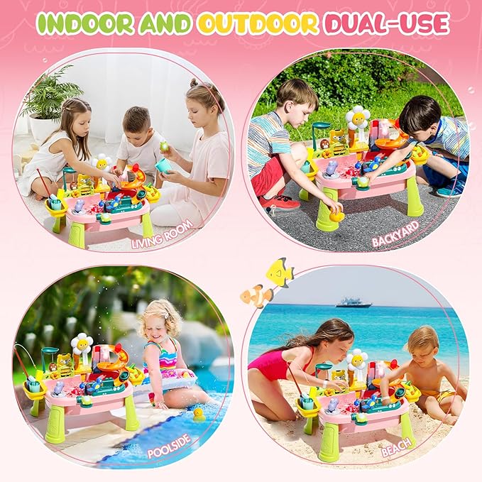 2026 Upgraded Toddler Sand Water Table Toy with Electric Water Pump, Kids Sand Water with Faucet/Play Food Accessories/Fishing Toy, Kitchen Play Sink Toys for Girl Boy Age 3+ (Pink)