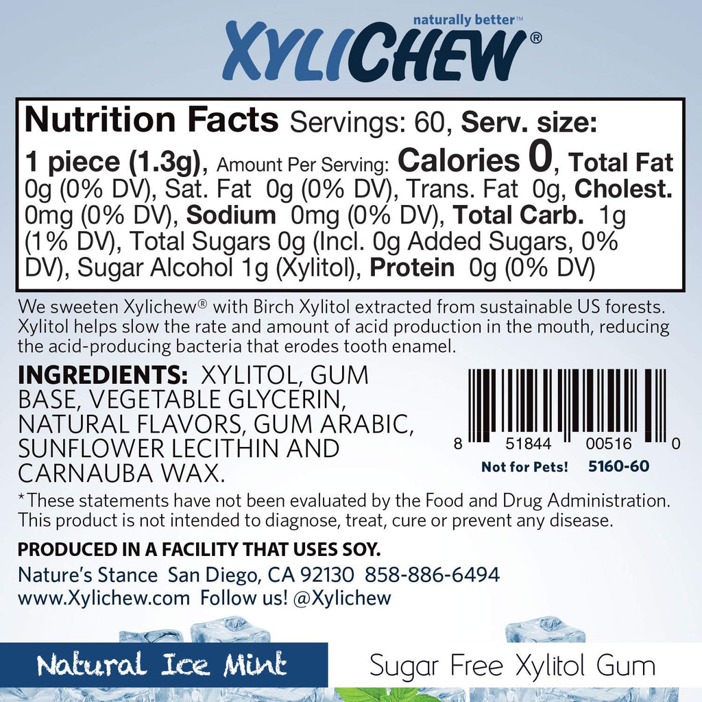 Xylichew 100% Xylitol Chewing Gum - Non GMO, Non Aspartame, Gluten Free, and Sugar Free Gum - Natural Oral Care, Relieves Bad Breath and Dry Mouth - Ice Mint, 144 Count