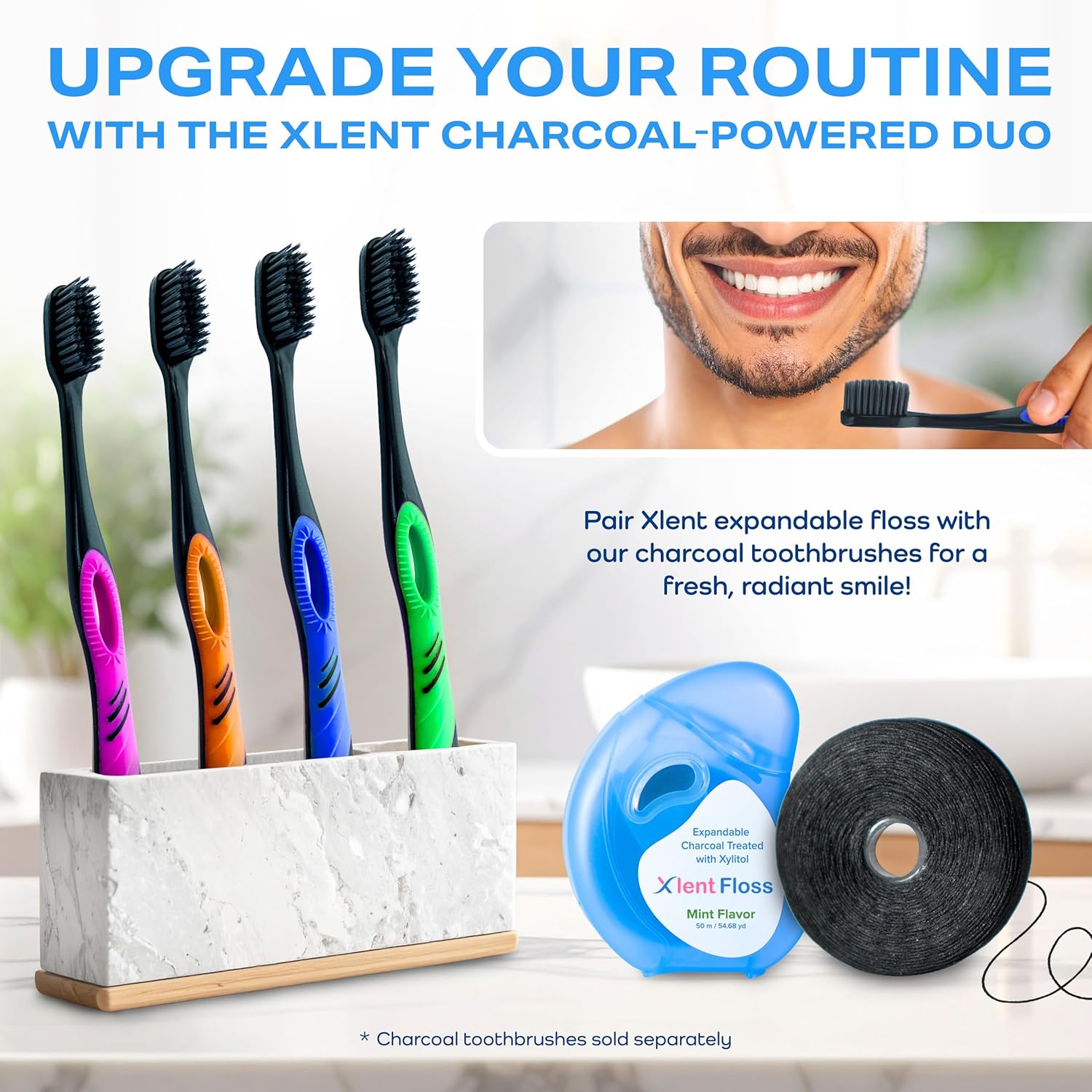 Expandable Dental Floss Treated with Activated Charcoal with Xylitol and Natural Plant Based Wax | Mint Flavor | PFAS & PTFE Free | Pack of 2 (50 m Floss Containers)