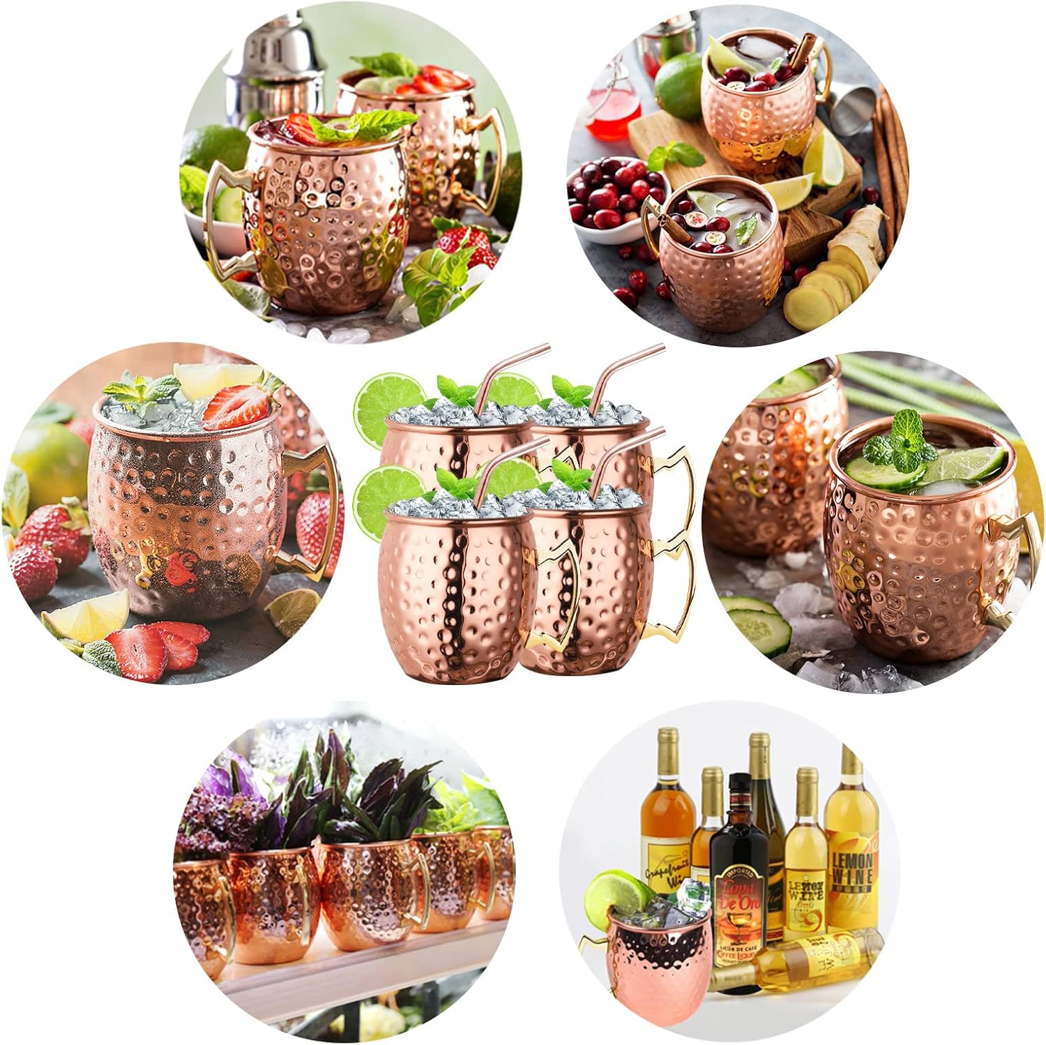 Moscow Mule Copper Mugs Set of 4, Copper Cups with Straws, Jigger, Coasters, Straw Brush for Party, Bar, Stainless Steel Lining, 19.5oz Gifts Set
