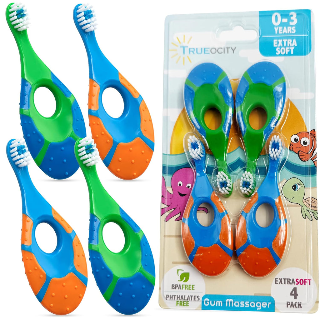 Baby Toothbrush 12 months and up - Toddler Toothbrush - Soft Bristles - Child Sized Brush Heads - infant toothbrush - Kids Tooth Brush - Easy Storage - BPA Free - Boy Set (4-Pack, Green, Orange, Blue)