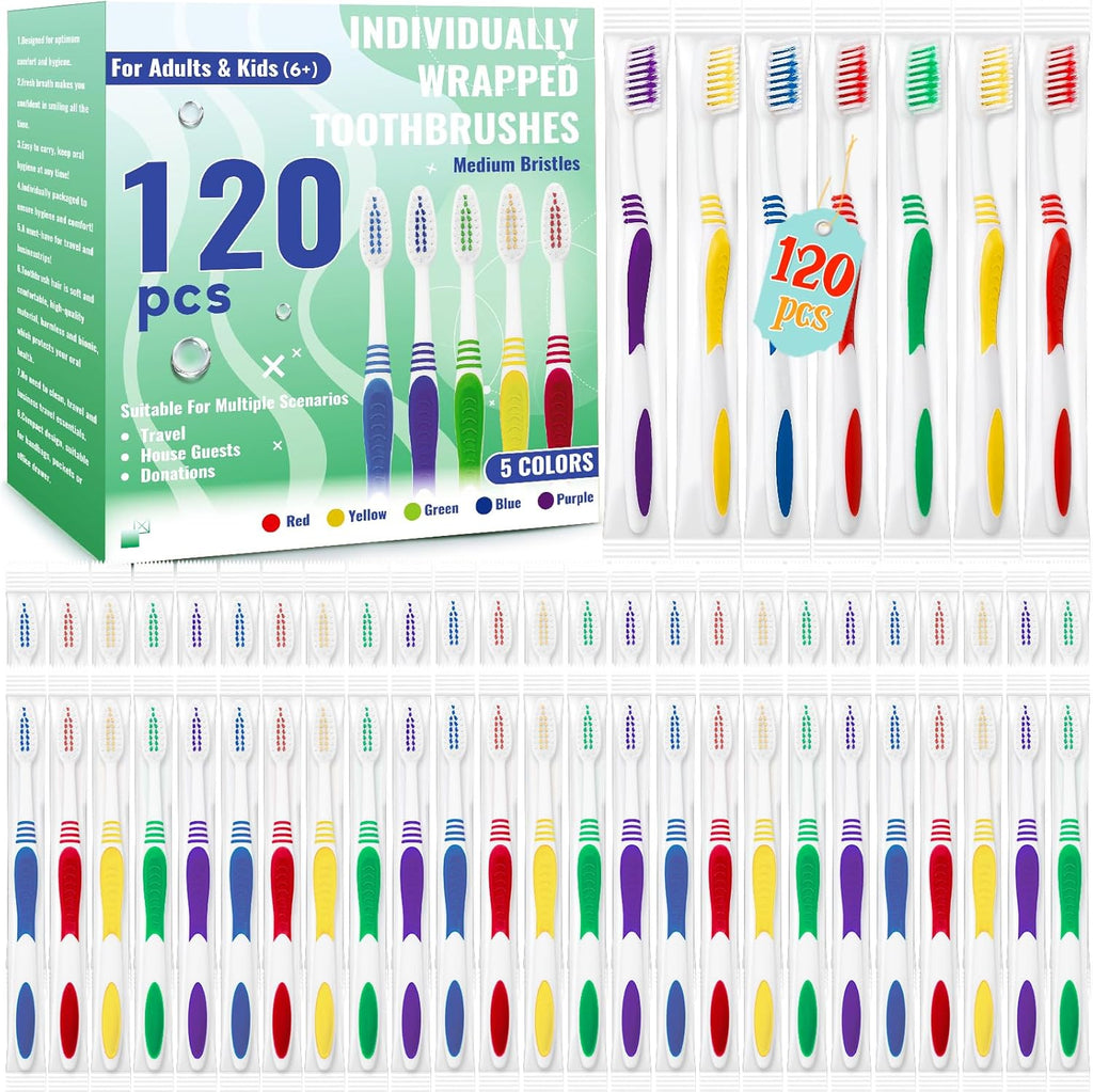 120 Pcs Toothbrush Bulk Disposable, Travel Toothbrushes Pack, Soft Bristle Individually Wrapped and Good Cleaning for Kids, Adult and The Elderly. Suitable for Hotel, Travel, Home, Donated