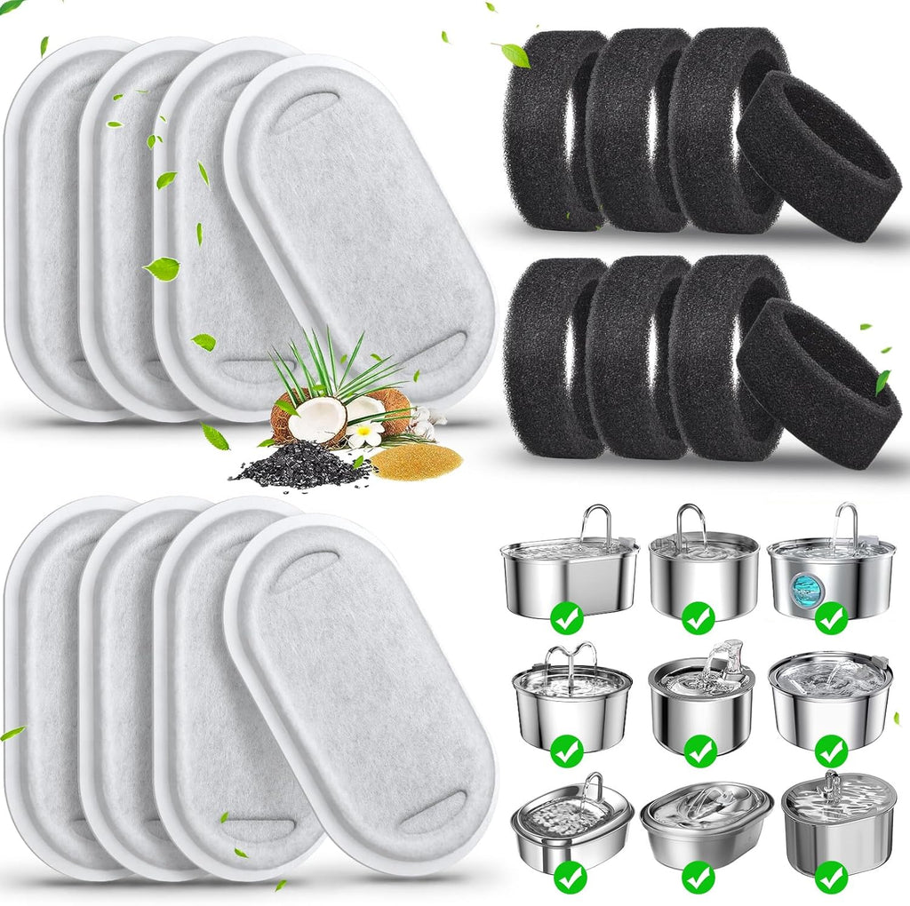 Cat Water Fountain Filters-8 Pack Replacement Filters & 8 Pack Replacement Pre-Filter Sponges Set for Stainless Steel 108/3.2L& 67oz/2L Adjustable Water Flow Pet Water Fountain