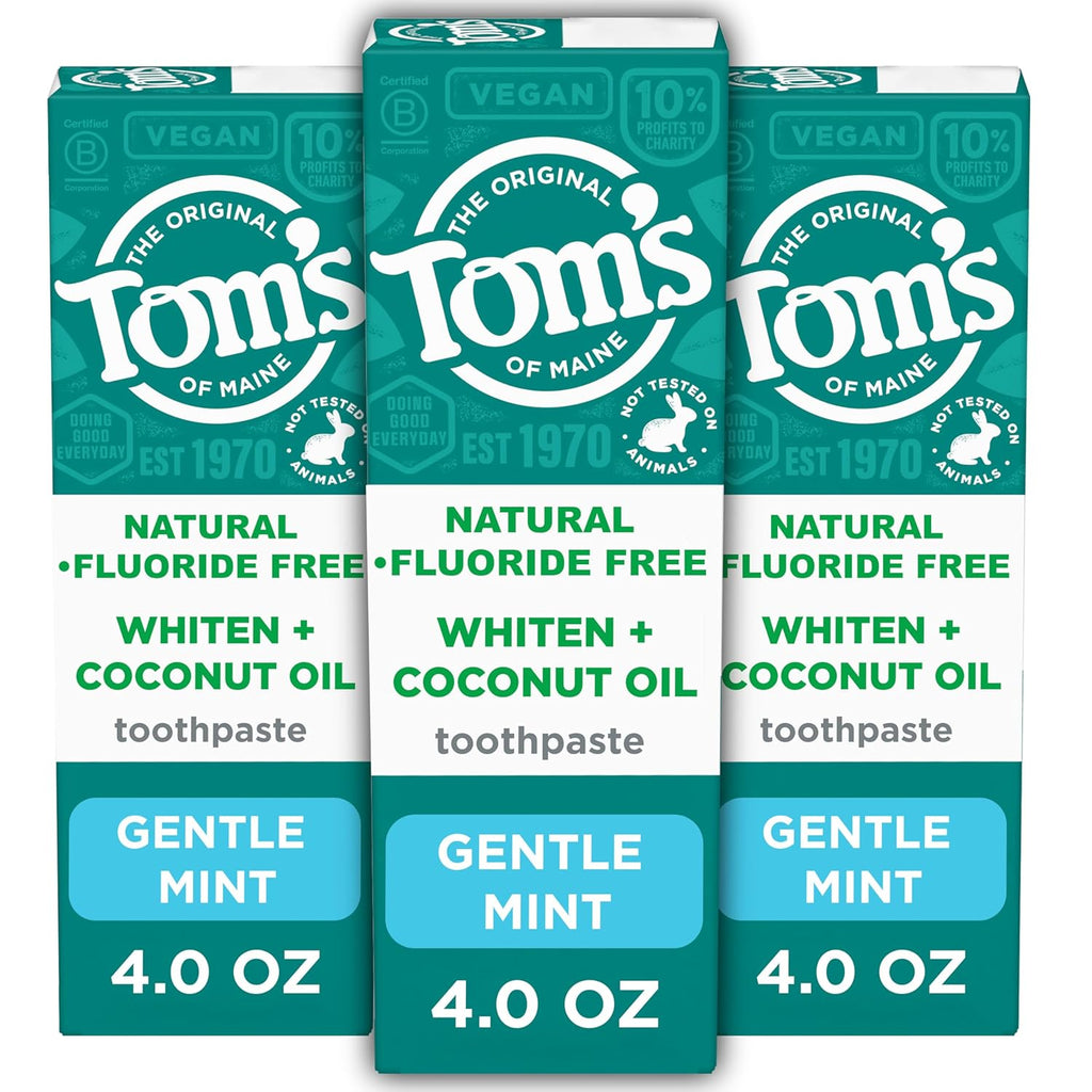 Tom’s of Maine Whiten Plus Coconut Oil Fluoride Free Toothpaste, Natural Whitening Toothpaste with Plant-Based Cleansers, Whitens Without Causing Sensitivity, Gentle Mint, 4.0 Oz (Pack of 3)