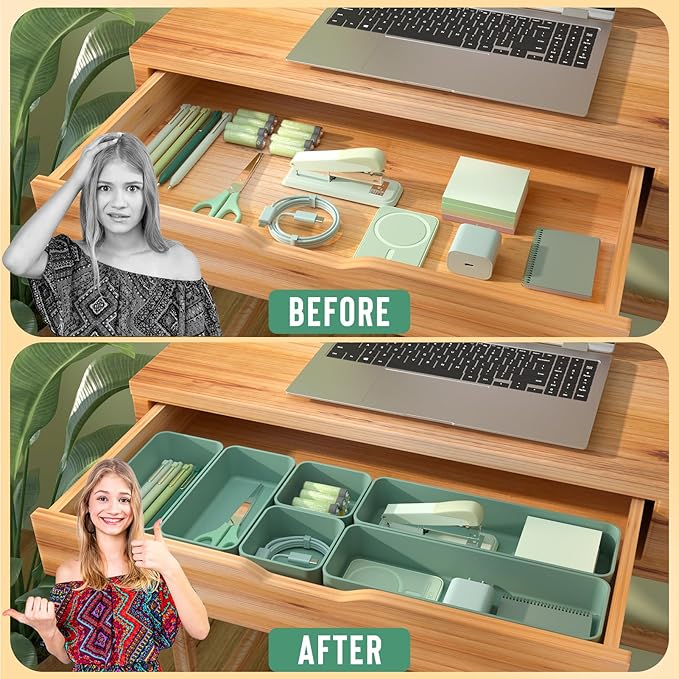 Organizer Drawers, Storage Plastic Desk Bins Stackable Organizers Tray, Bathroom Dividers Small Makeup Bin Clothes Organizing Trays for Containers Vanity Office Cabinet Desktop Compartment, Green