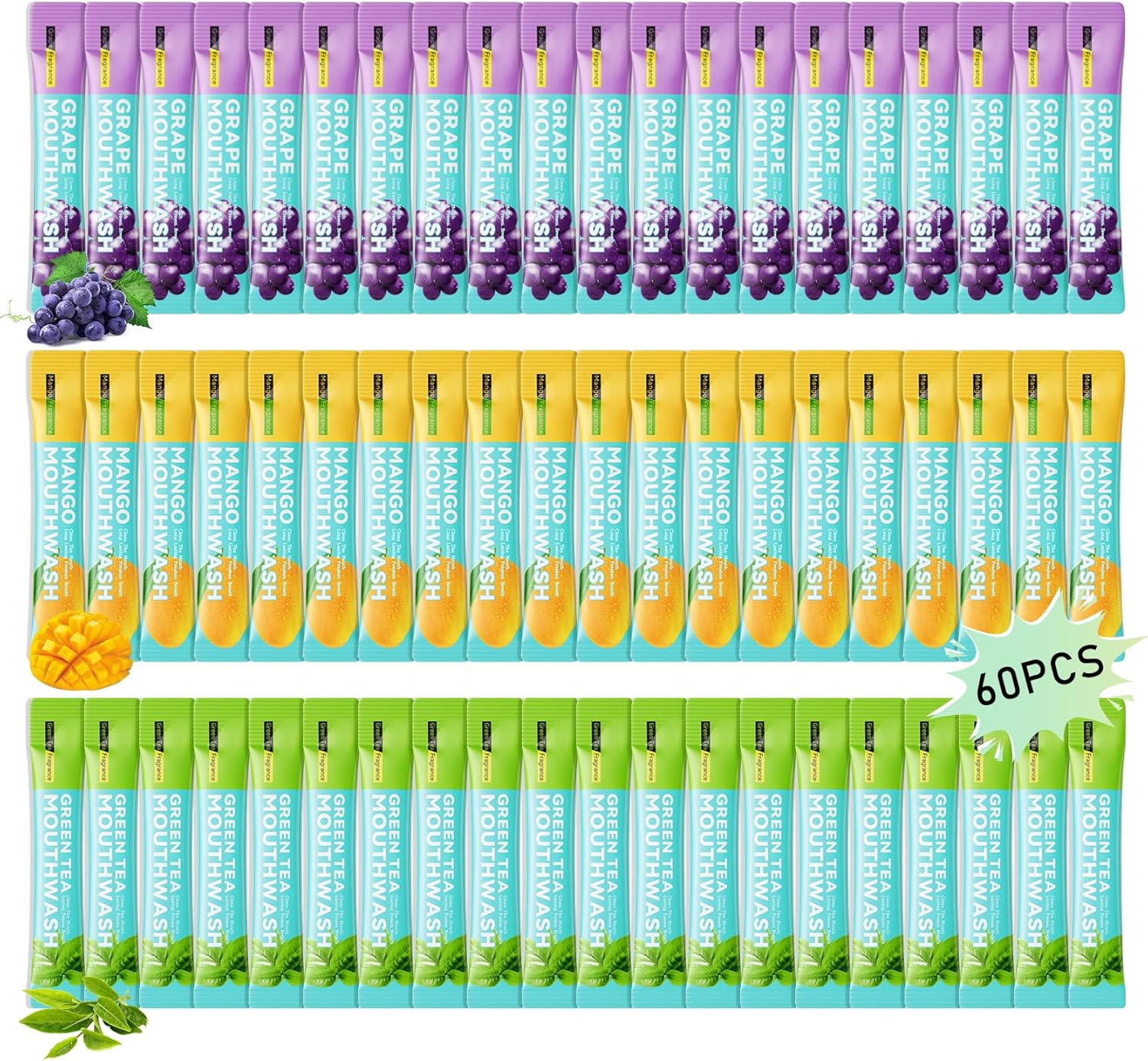 3 Flavors Mini Mouthwash Travel Size, Portable Individual Travel Mouth Wash for Fresh Breath, Refreshing Long Lasting Gentle Oral Care Mouthwash Packs(Pack of 60) Set B