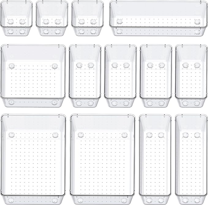 SMARTAKE 13-Piece Drawer Organizers with Non-Slip Silicone Pads, 5-Size Desk Bathroom Drawer Organizer Trays Storage Tray for Makeup, Jewelries, Utensils in Bedroom Dresser, Office and Kitchen, Clear