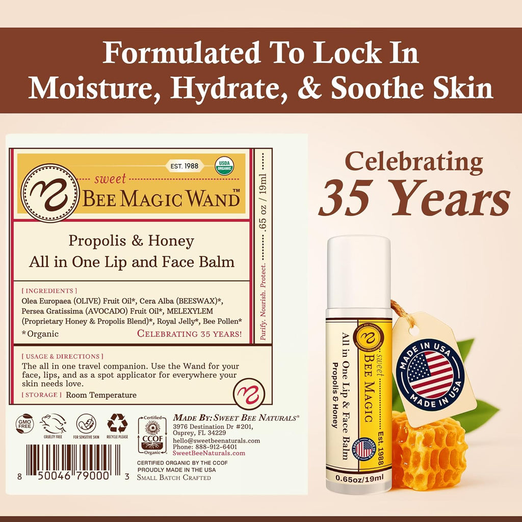 Organic Beeswax Lip Balm - Natural Chapstick for Dry Lips - Honey & Propolis Moisturizing Wand - Non Petroleum Lip Balm for Men & Women - Clean Lip Care for All Skin Types, 0.65 oz