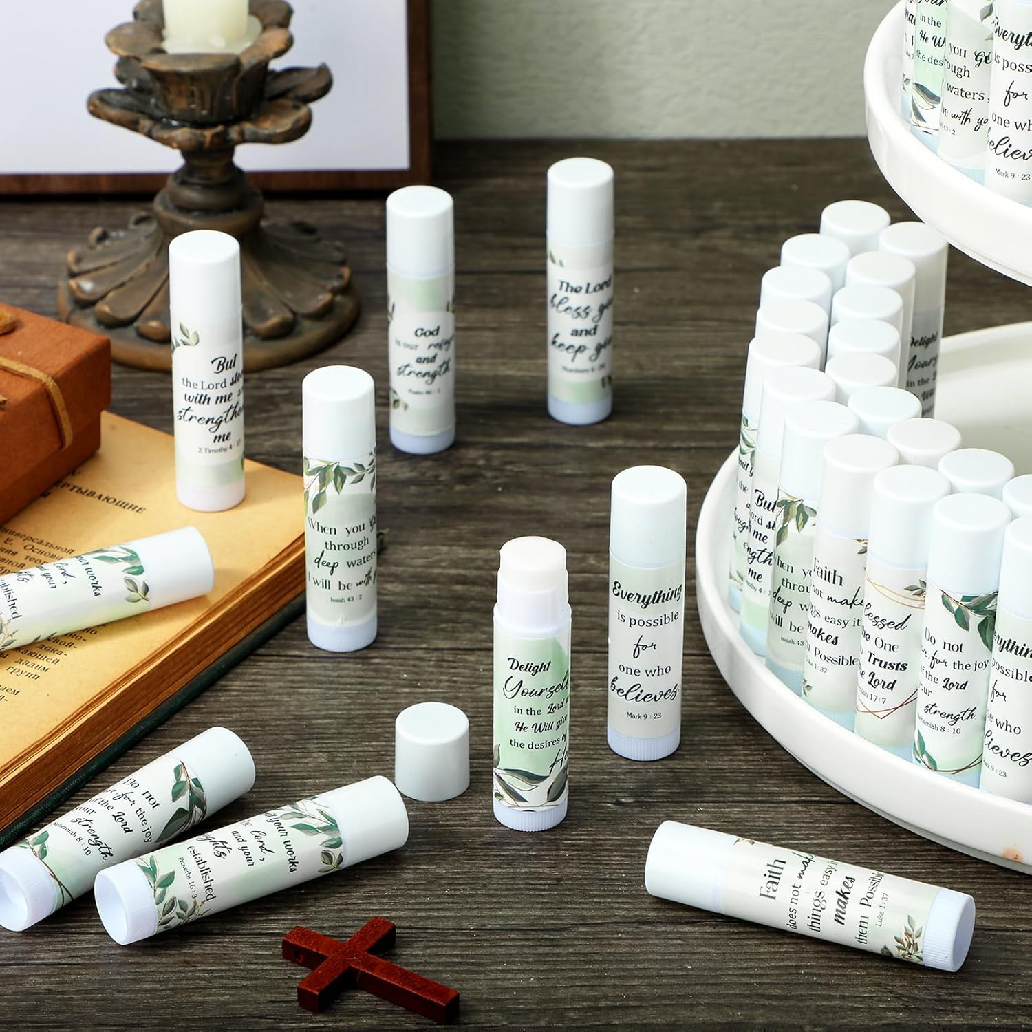50 Pcs Christmas Christian Lip Balm Bulk Bible Verses Lip Balm Scripture Christian Gifts for Women Faith Religious Church Party Favor Inspirational Gift for Coworker Staff Employee(Eucalyptus Leaf)
