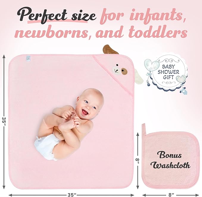 Baby Towels with Hood - Soft, Absorbent Viscose Made of Bamboo, Extra Large 35 x 35 Inches, for Newborns, Infants, Boys and Girls, Pink
