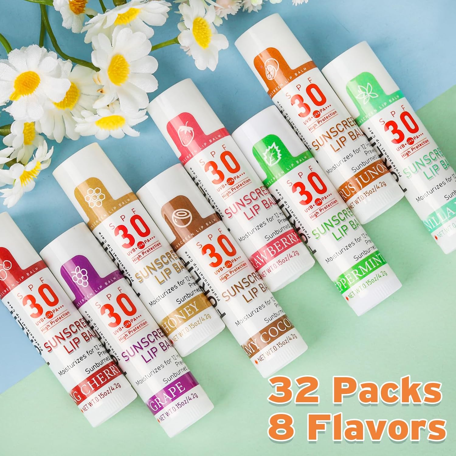 SPF 30 Sunscreen Lip Balm, Bulk Travel Size - 32 Pack, Hydrating with Vitamin E & Coconut Oil - 8 Flavors