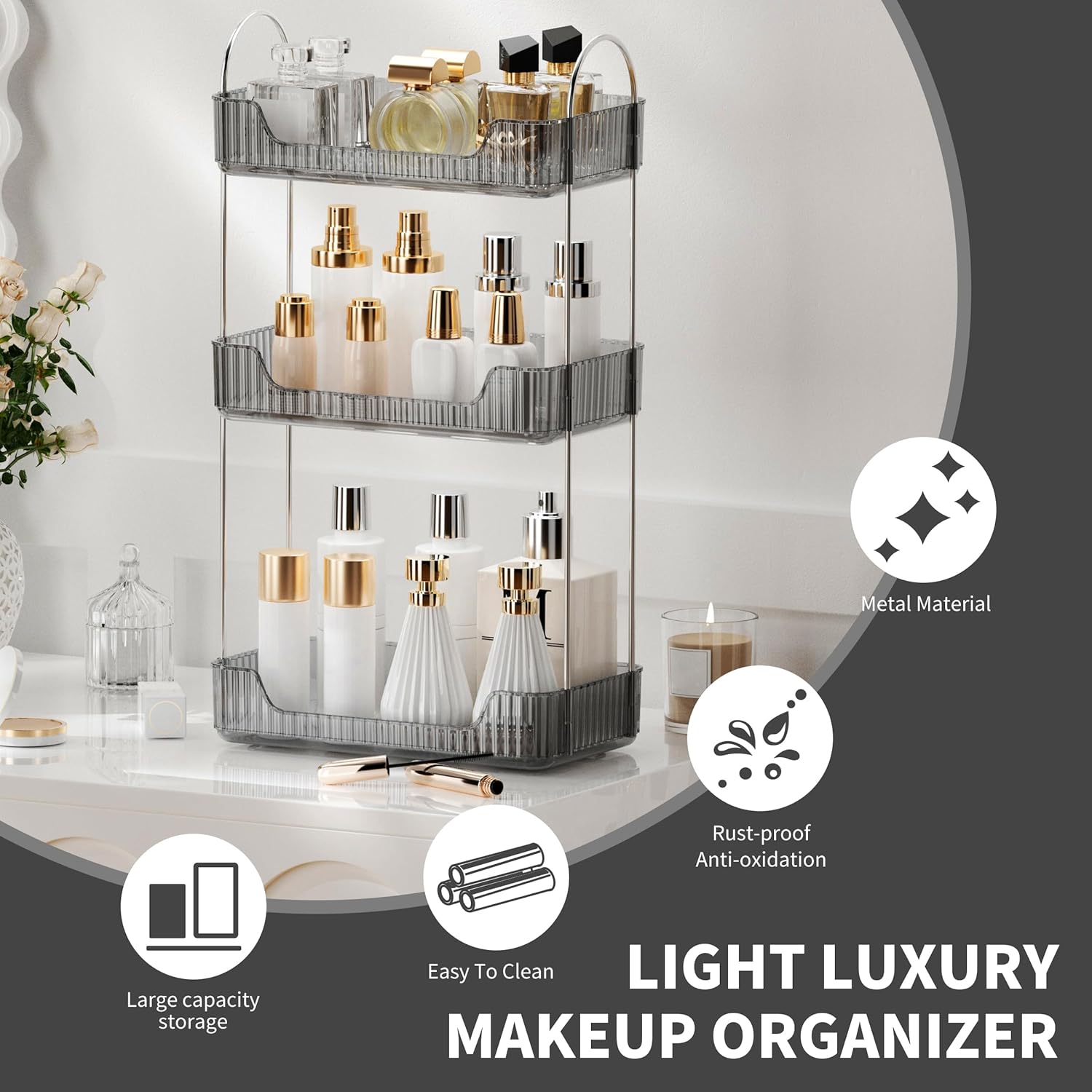 YCIA&DONE Bathroom Organizer Countertop, Makeup Storage, Skincare Cosmetic Tray Shelf, Perfume Holder Rack for Vanity Counter, Large Capacity, Easy to Install, Clean, 3 Tiers, Smoky Gray