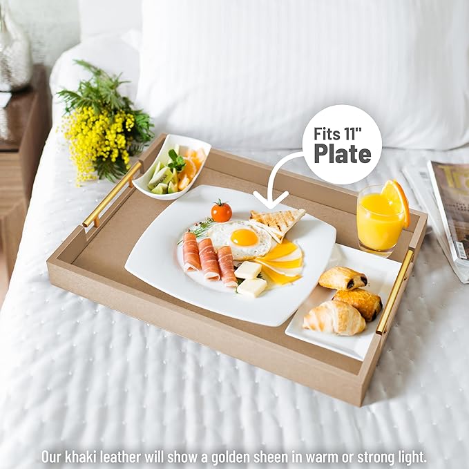 17" x 12" Wood Serving Tray with Gold Polished Metal Handles, Home Decorative Wooden Rectangle Ottoman Leather Decor Platter Bathroom Vanity Tray for All Occasions Khaki