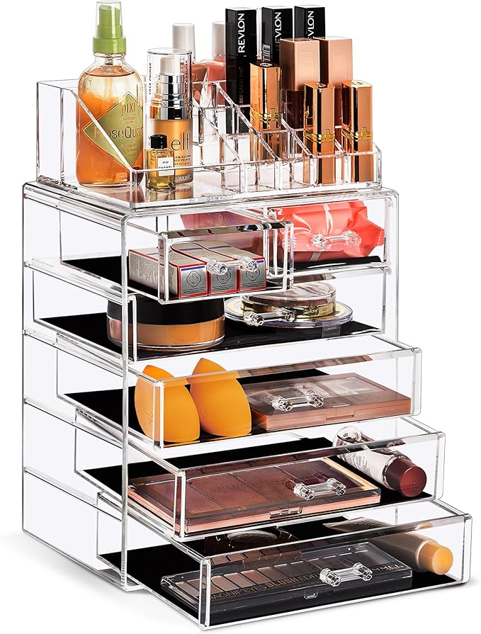 Sorbus Acrylic Makeup Organizer Set, 6-Drawer Vanity & Countertop Cosmetic Storage with Small & Wide Compartments, Clear Makeup Storage for Brushes, Lipsticks, Jewelry – Holiday Gift for Women & Teens