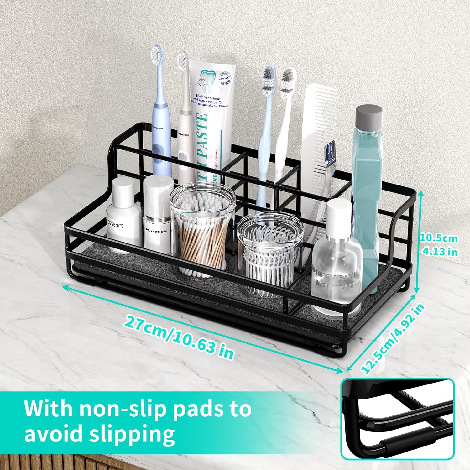 HapiRm Toothbrush Holders for Bathroom - 5 Partitions Bathroom Counter Organizer with Instant Drying Stone, Stainless Steel Countertop Storage Electric Toothbrush Toothpaste Holder - Black