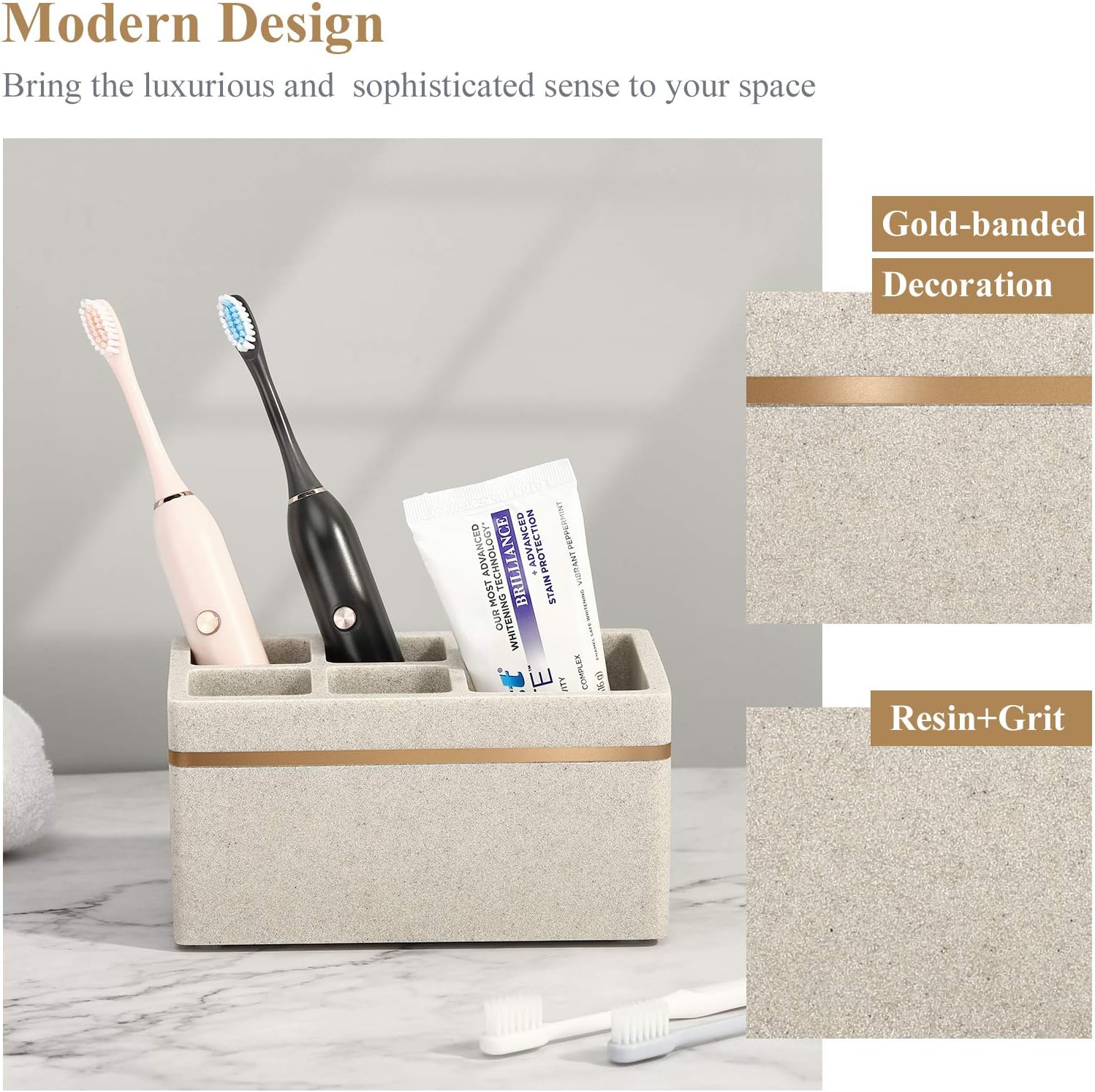 Shinowa Resin Toothbrush Holder, 5 Slots Hygienic Electric Toothbrush Holder Storage Stand Organizer for Toothbrush, Toothpaste, Razor, Gravel Khaki