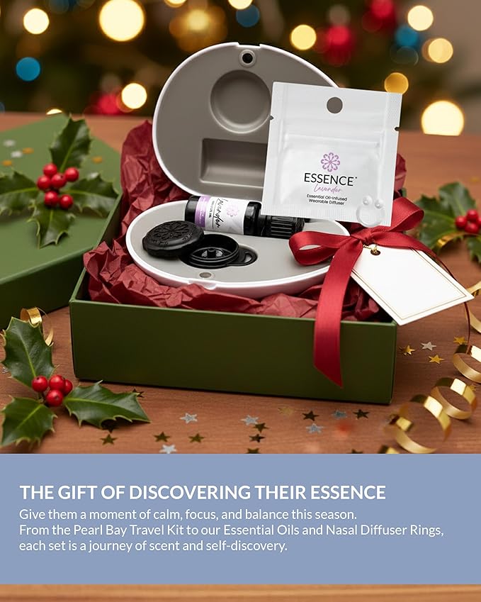 Essence Pearl Travel Case - Wearable Aromatherapy Kit with Nasal Diffuser Rings, Soaking Bay, and 5mL Essential Oil – Portable Wellness Gift Set for On?The?Go Self Care