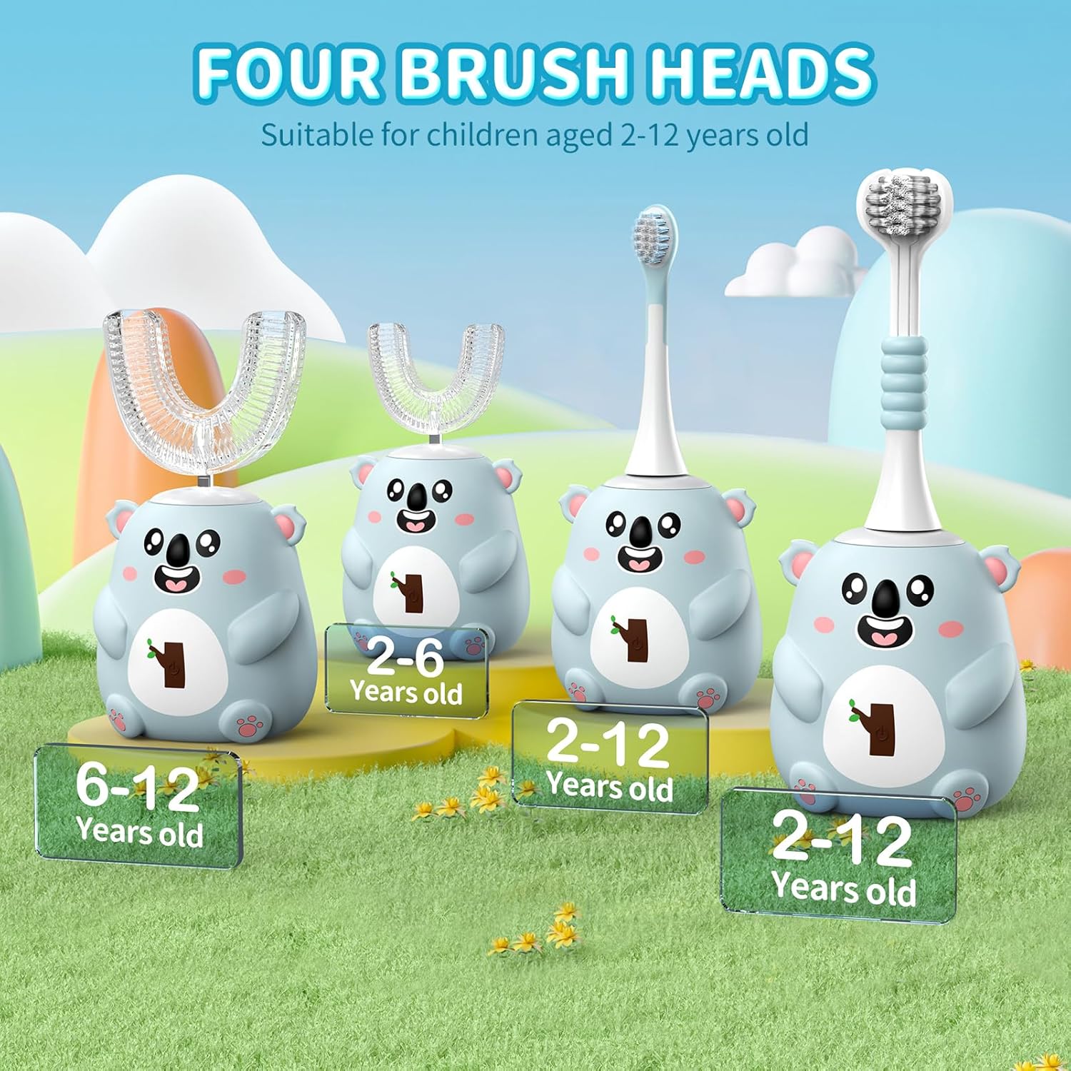 Kids U Shaped Electric Toothbrush, Automatic 360° Sonic Cleaning, 6 Modes, 4 Brush Heads, Cute Cartoon Koala Design (6-12 Age (Grey Blue))
