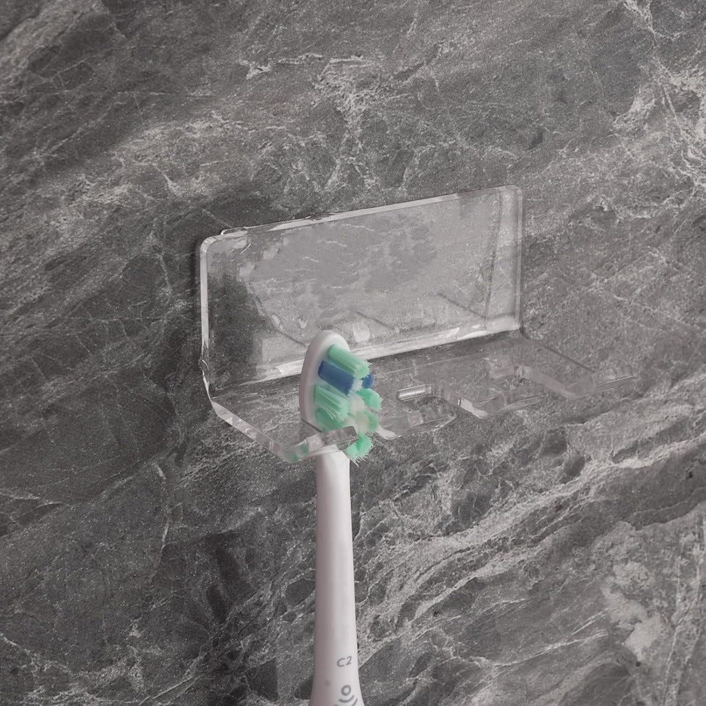 Self Adhesive Toothbrush Holders Wall Mounted, 3 Slots Electric Toothbrush Organizer for Shower, Multipurpose Rack Hanger for Power Plug, Razor, Key(Clear)