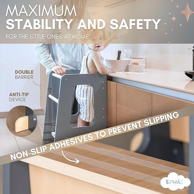 KYWAI® Toddler Kitchen Stool Helper, Adjustable Standing Tower with Safety Rails, Anti-Tip Design & Non-Slip Stickers, Sustainable Product with Extra Memory Game Made from Leftover Wood (Grey Blue)