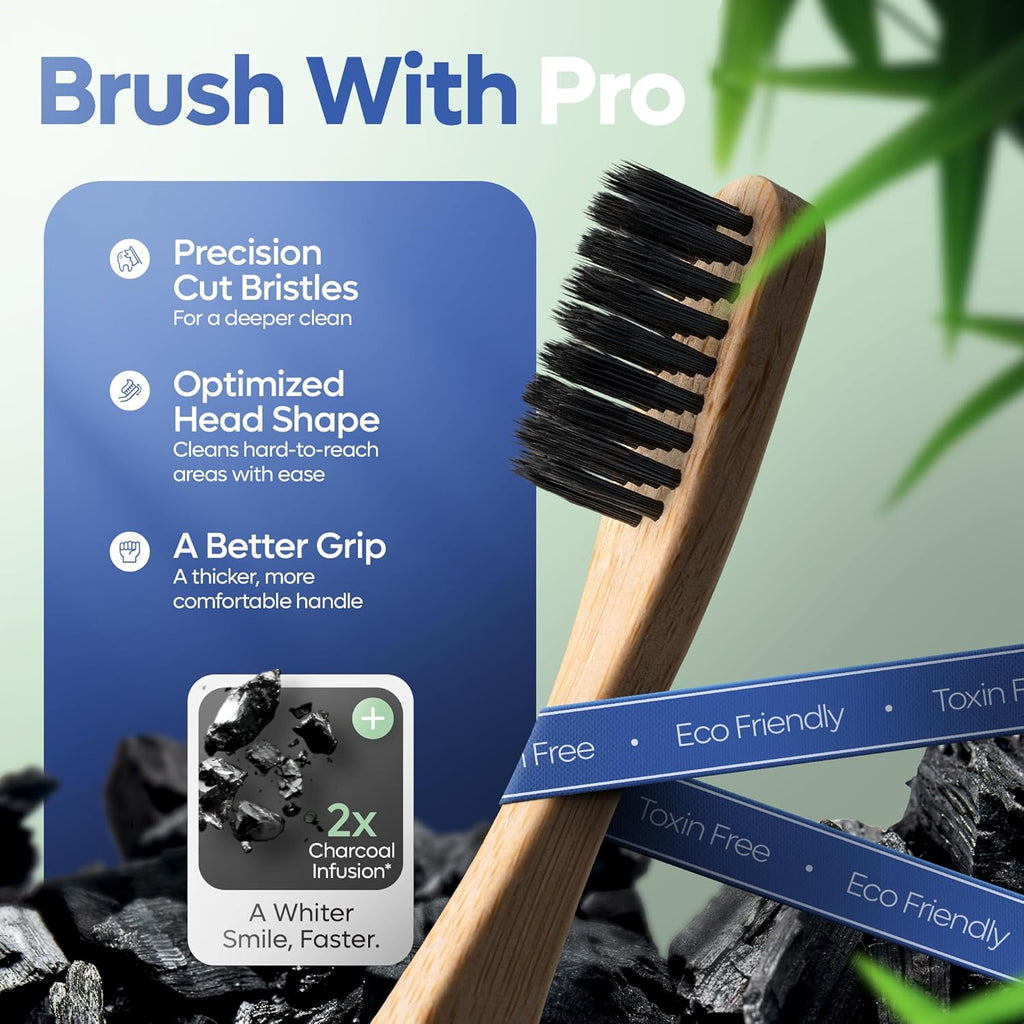 SmartLifeco Charcoal Bamboo Toothbrushes PRO - Extra Soft Natural Bristles for Adults & Kids Teeth | Zero Waste Bulk Wooden Tooth Brush | BPA Free, Eco-Friendly, Vegan - 6 Pack