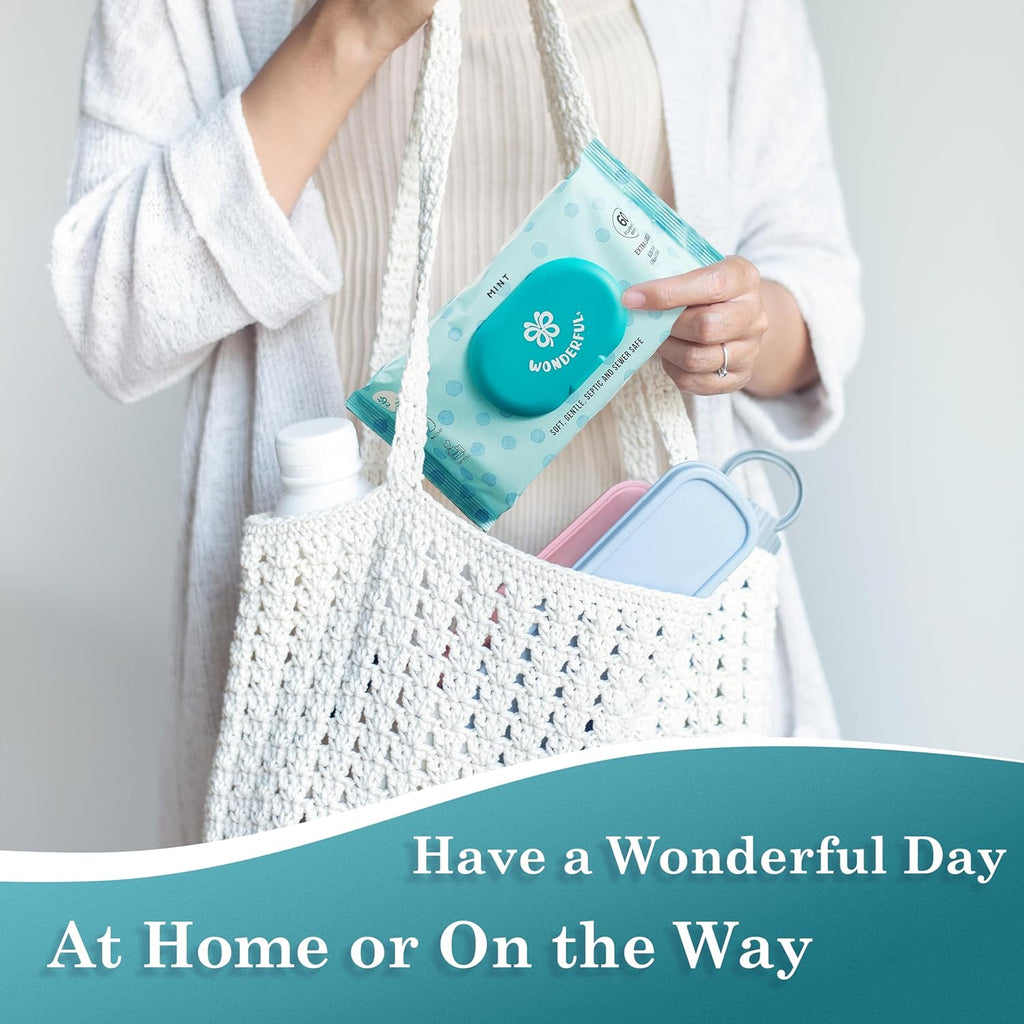 WONDERFUL Flushable Wipes, Mint 100% Plant-Based Wet Wipes for Adults & Kids, Sewer & Septic Safe, Gentle for Sensitive Skin, Wipes Flushable Pack for Bathroom & Travel, 3-Pack (180 Counts)