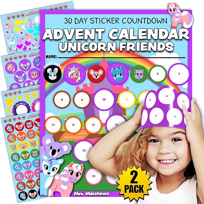 2PK Unicorn Friends Sticker Advent Calendar for Kids 18m+ Countdown to Christmas for Toddlers, 30 Days to Birthday, Vacation, Party, School with Activity Board & Crown by LIL ADVENTS Mini Milestones