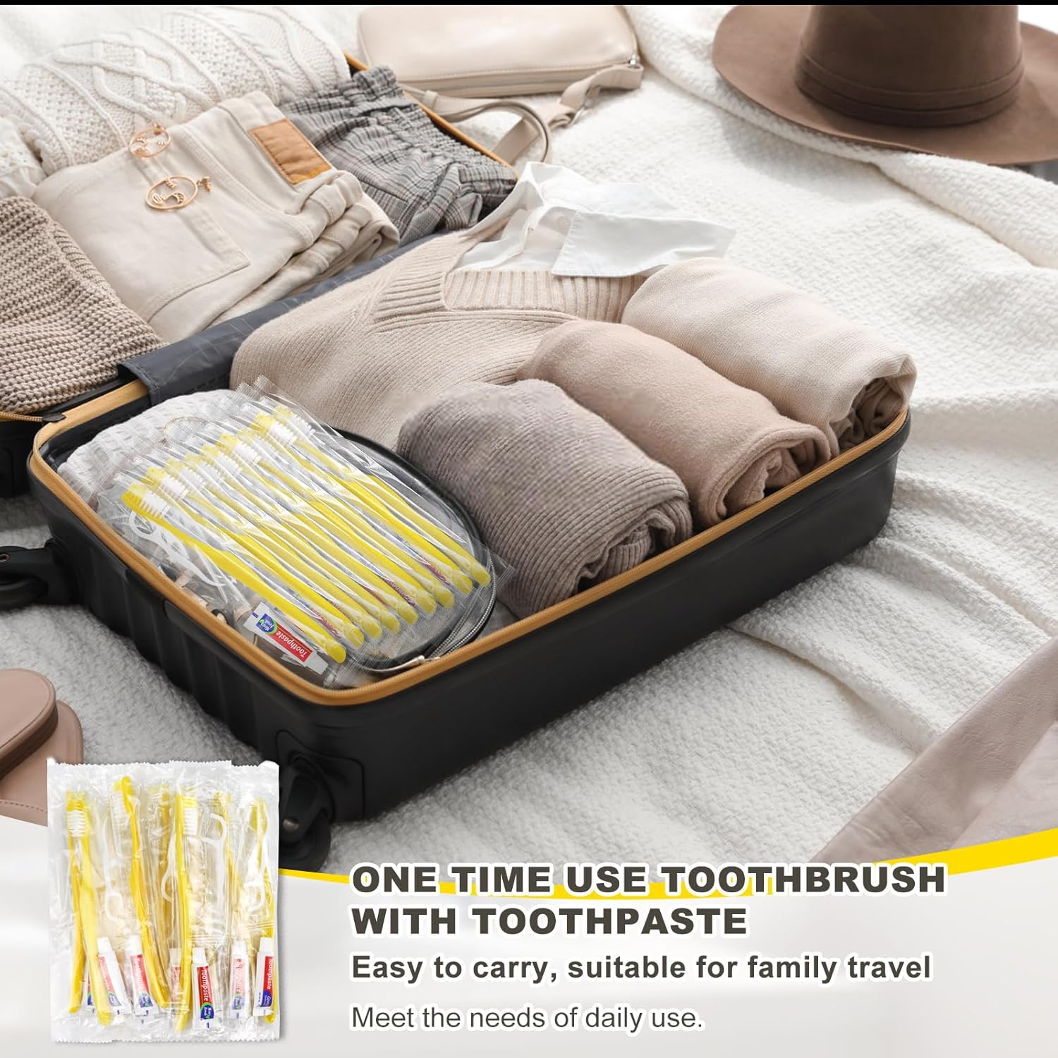 15pcs Disposable Toothbrushes with Toothpaste and Floss,Yellow Bulk Single Use Toothbrush Floss Pick Individually Wrapped Disposable Travel Toothbrushes Kit for Homeless,Airbnb,Hotel,Guest