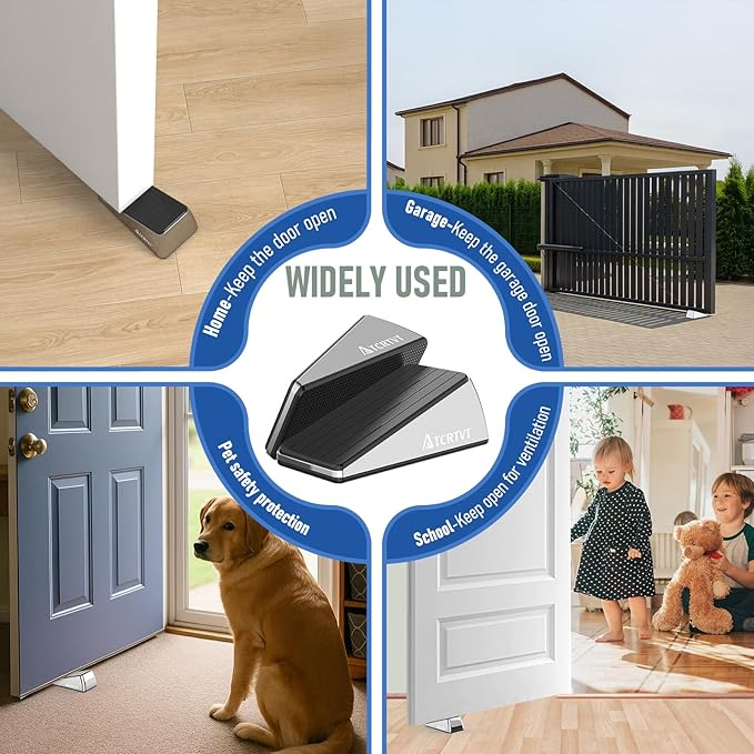 Heavy Duty Door Stopper Wedge - 2 Pack Widened Door Stop Wedge Made of Premium Quality Brushed Stainless Steel Suits Any Door, Any Floor with Set of 2 Plus Self-Adhesive Holder