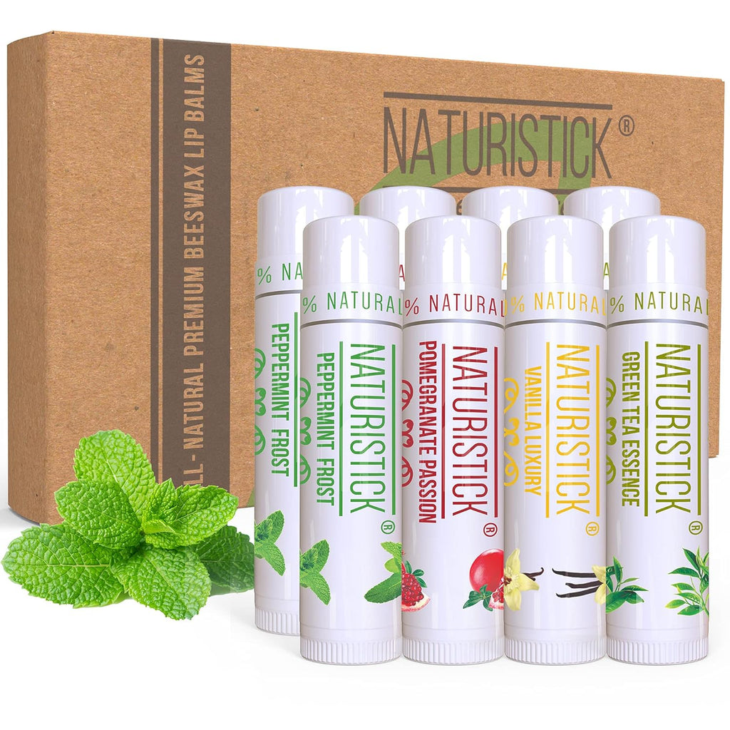 Naturistick Premium Beeswax Lip Balm for Dry, Chapped Lips | 100% Natural Lip Care | Coconut Oil, Shea Butter, Aloe Vera | Moisturizing Chapstick | Chemical-Free | 8 Pack Assorted Scents | Made in USA