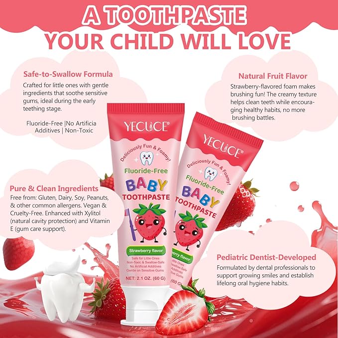 Kids Toothpaste Strawberry Flavor, Swallowable Toothpaste with xylitol and Vitamin E, Fights Plaque, Designed for Children, 2.1OZ