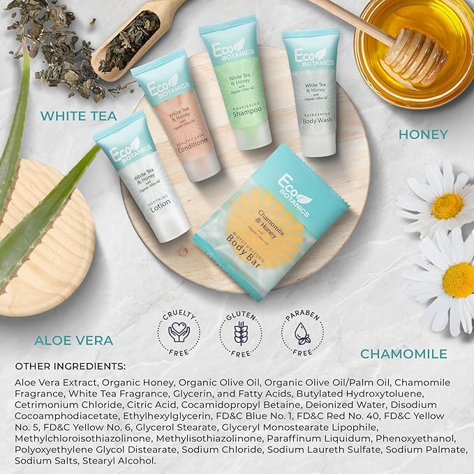 Eco Botanics Amenity Kit | Boxed Hotel Toiletries | Bulk Set .85 oz Travel Size Shampoo, Conditioner, Lotion, Body Wash & Body Bar Soap for Guest Hospitality AirBnB/Vacation Rentals | 15 sets per case