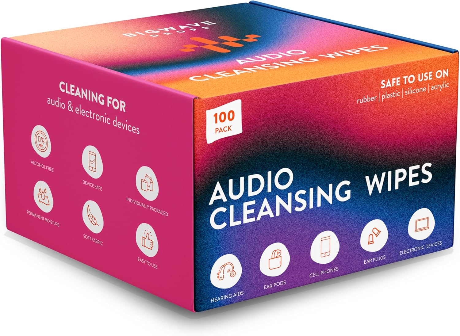 Audio Wipes For Hearing Aids - 100 Pcs, Alcohol-Free, Individually Packaged Cleaning Towelette - Removes Earwax, Dirt and Sweat - For Rubber, Plastic, Silicone & Acrylic