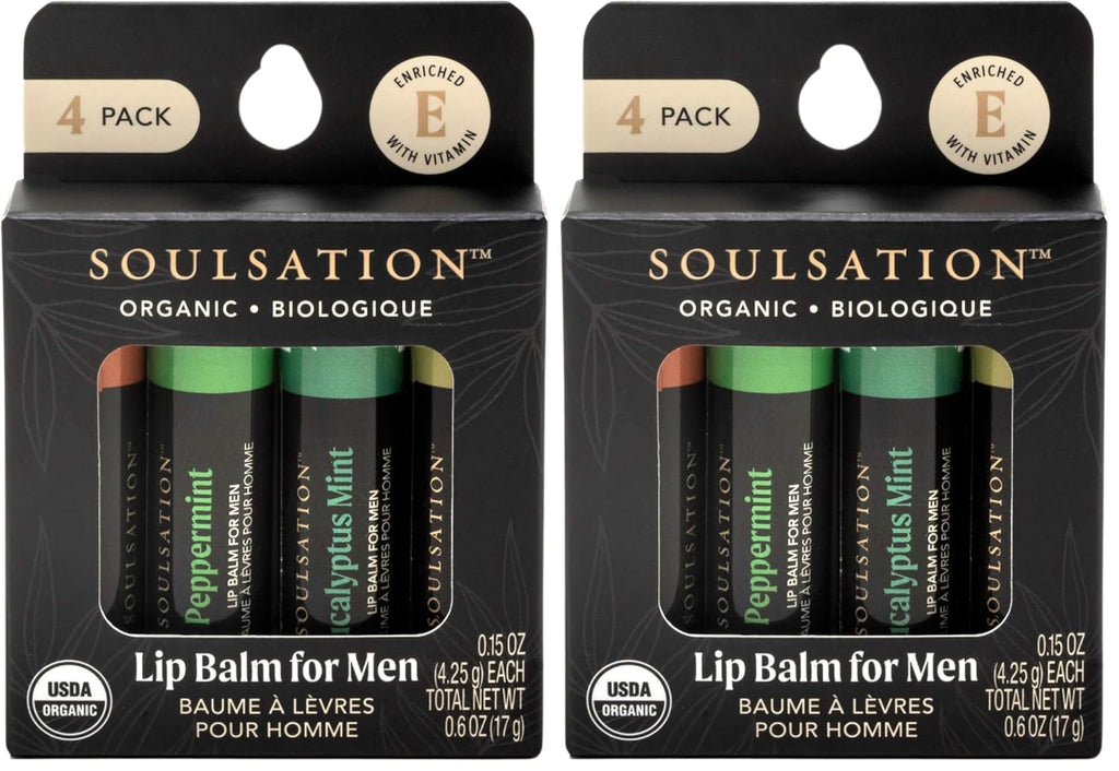Organic Lip Balm Set for Men - 4 Flavors - 100% Natural Moisturizing for Cracked & Dry Lips (Pack of 2)