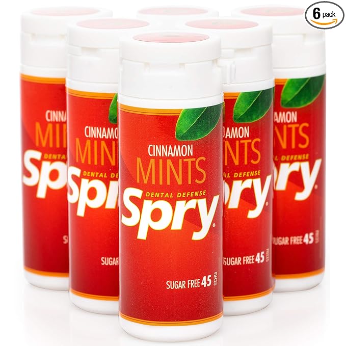 Spry Xylitol Cinnamon Mints Sugar Free Candy - Promote Oral Health, Increase Saliva Production, Stop Bad Breath, Non-GMO, Gluten-Free, 45 Count (Pack of 6)