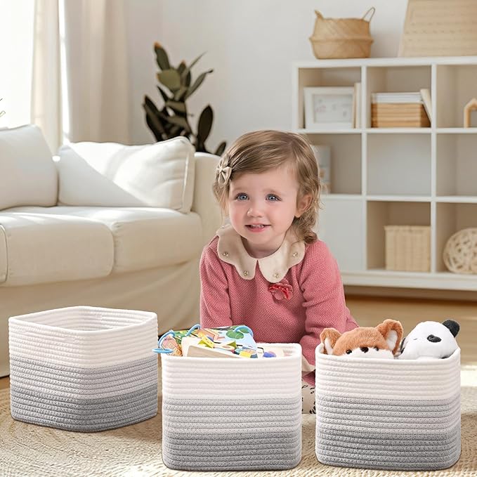 3 Pack Cube Storage Bin, 9”x9”x7” Cotton Rope Woven Baskets for Organizing Toys Clothes Towels, Square Gift Storage Baskets for Shelf, Nursery, Closet, Bathroom, Pantry (3-Tone Gray)